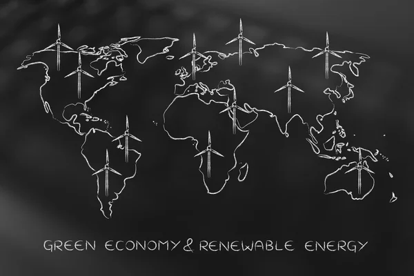 Mapa světa s větrnou turbínu celé zelené ekonomiky — Stock fotografie