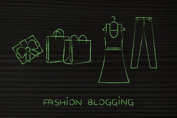 Escolhas de moda: vestido & jeans ilustração com sacos de compras — Fotografia de Stock