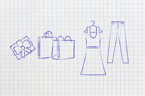 Wybory moda: sukienka & dżinsy ilustracja z torby na zakupy — Zdjęcie stockowe