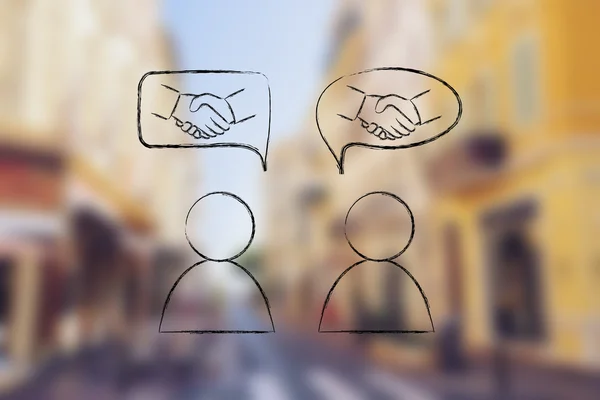 Встреча с людьми и согласие: мужчины с рукопожатием в комические пузыри — стоковое фото