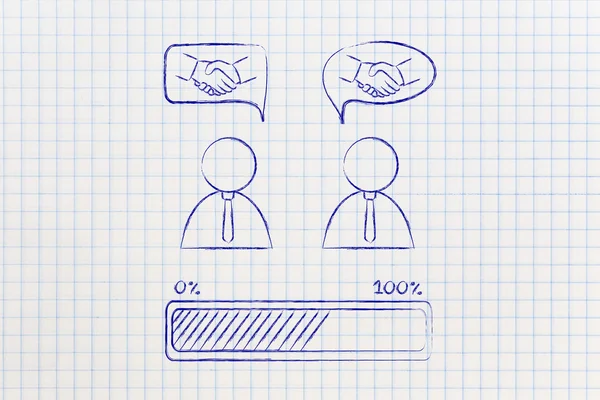 Negociações & ofertas: empresários com aperto de mão em quadrinhos bubb — Fotografia de Stock