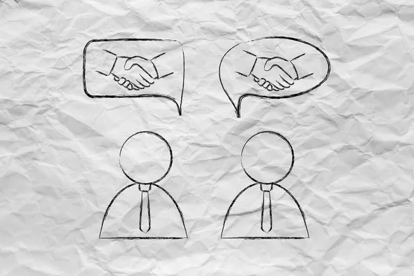 Negocjacji & oferty: biznesmenów z handshake do komiks bubb — Zdjęcie stockowe