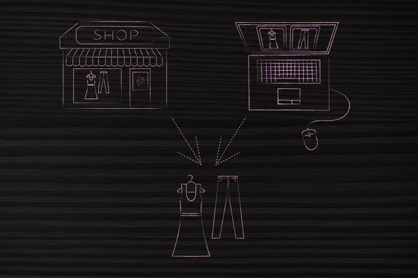 Online winkels vs fysieke winkel: dezelfde items kopen — Stockfoto