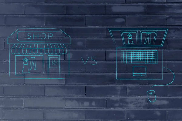 Online winkels vs fysieke winkel: dezelfde items kopen — Stockfoto