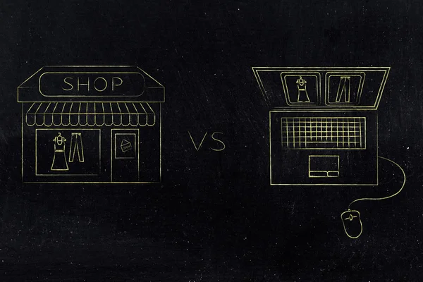 Boutiques en ligne vs magasin physique : acheter les mêmes articles — Photo