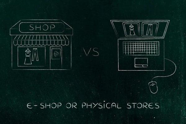 Negozi online vs negozio fisico: acquistare gli stessi articoli — Foto Stock