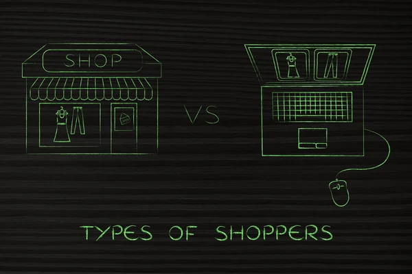 Lojas online vs loja física: comprar os mesmos itens — Fotografia de Stock