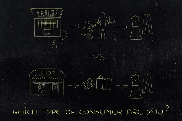 Tiendas en línea vs tienda física: pasos para comprar los mismos artículos — Foto de Stock