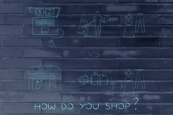 Lojas online vs loja física: passos para comprar os mesmos itens — Fotografia de Stock