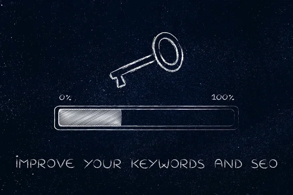Key with progress bar, keywords suggesting tools — Stock Photo, Image