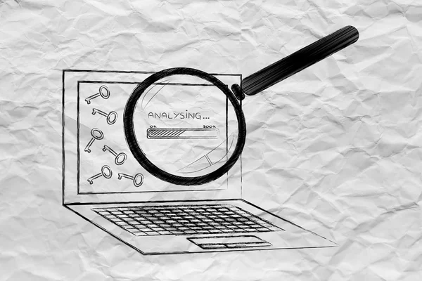 Laptop fortskrider tags för innehåll, sökord tyder på verktyg — Stockfoto