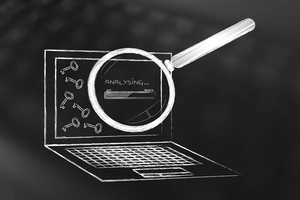 Laptop progressing tags for content, keywords suggesting tools — Stock Photo, Image