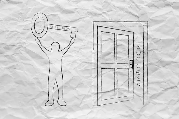 keywords opening the door to success, man holding huge key