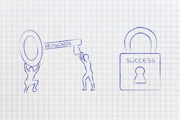 Palabras clave para desbloquear el éxito, hombres con llave y cerradura — Foto de Stock