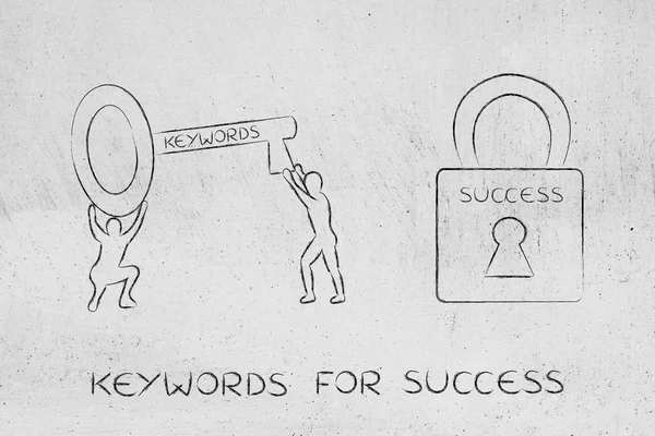 Palabras clave para desbloquear el éxito, hombres con llave y cerradura — Foto de Stock