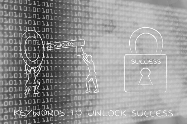 Λέξεις-κλειδιά για να ξεκλειδώσετε επιτυχία, άνδρες με κλειδαριά και κλειδί — Φωτογραφία Αρχείου
