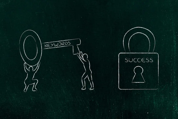 Trefwoorden om te ontgrendelen succes, mannen met sleutel en slot — Stockfoto