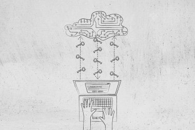 devre bulut ve anahtarlar, güvenli parolalar ve bulut sto ile dizüstü bilgisayar