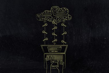 devre bulut ve anahtarlar, güvenli parolalar ve bulut sto ile dizüstü bilgisayar