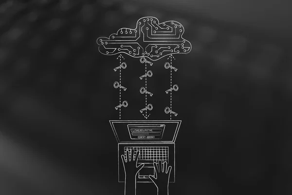 Φορητό υπολογιστή με κύκλωμα σύννεφο και κλειδιά, ασφαλείς κωδικούς πρόσβασης και στο cloud — Φωτογραφία Αρχείου