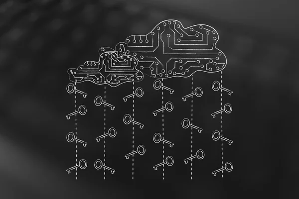 Circuit cloud with key rain, safe passwords and cloud storage — Stock Photo, Image