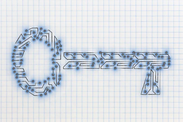 Key made of electronic microchip circuit,  keywords or password — Stock Photo, Image