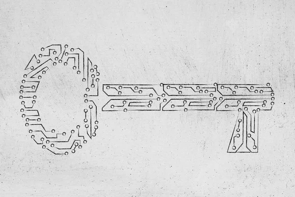 Key made of electronic microchip circuit,  keywords or password — Stock Photo, Image