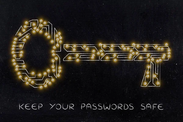 Nyckeln består av elektroniskt mikrochip krets, lösenord och säkerhet — Stockfoto
