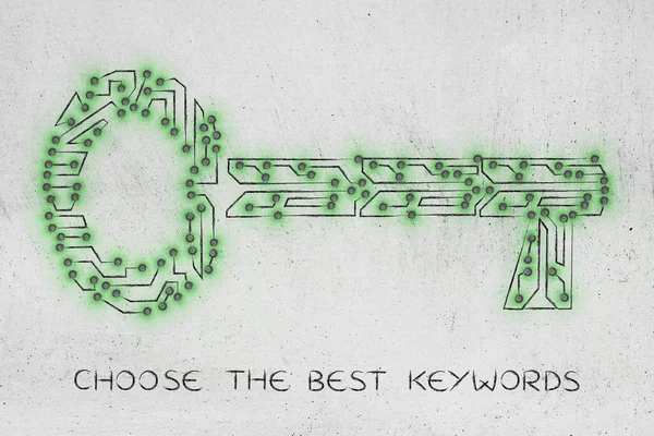 Chave feita de circuito de microchip eletrônico, palavras-chave para o sucesso — Fotografia de Stock