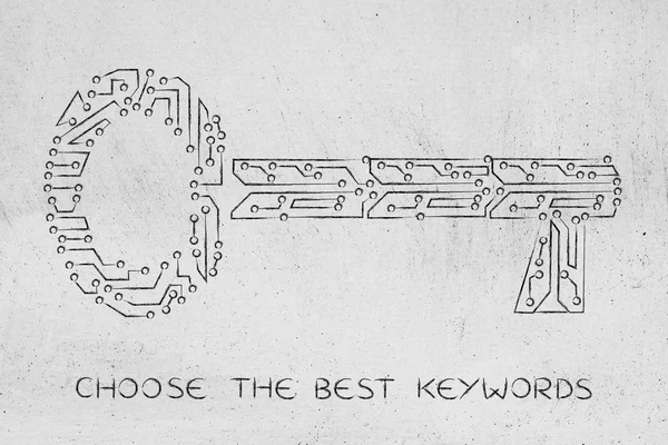 Chave feita de circuito de microchip eletrônico, palavras-chave para o sucesso — Fotografia de Stock