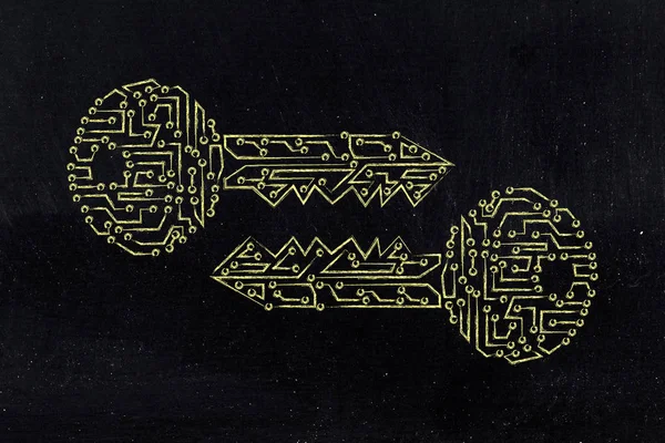 Llaves coincidentes hechas de circuitos electrónicos, cifrado y criptogr — Foto de Stock