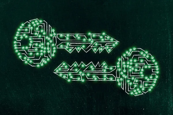 Matching keys made of circuits & led lights, encryption & crypto — Stock Photo, Image