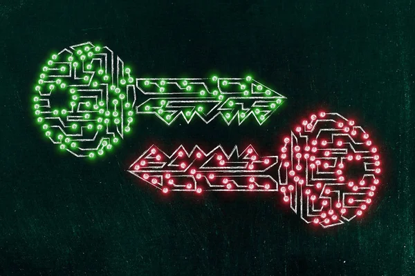 Llaves coincidentes hechas de circuitos y luces led, cifrado y criptografía — Foto de Stock