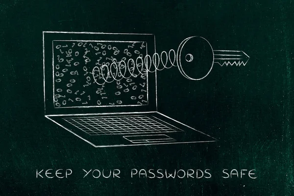 Key on spring out of laptop screen, passwords & security — Stock Photo, Image