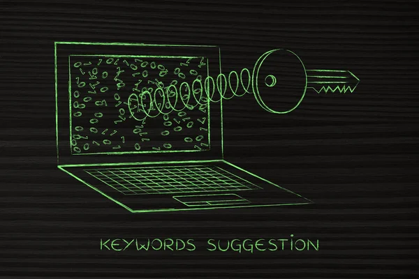 Key on spring out of laptop screen, keyword analysis — Stock Photo, Image