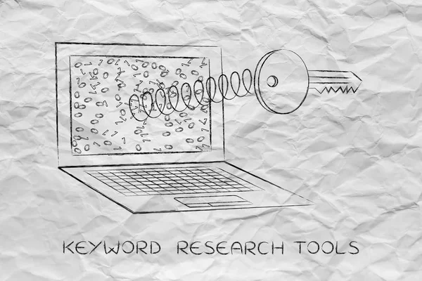 Key on spring out of laptop screen, keyword analysis — Stock Photo, Image