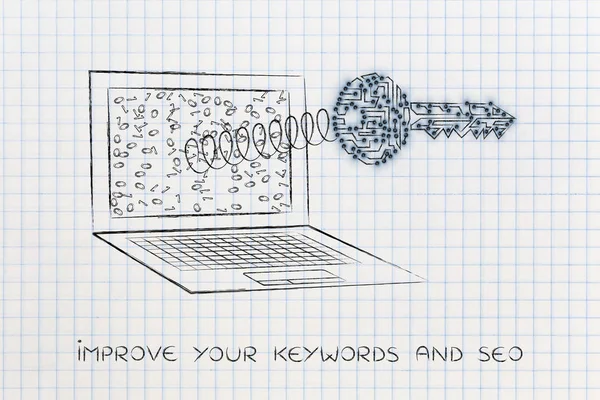 Chiave sulla molla dallo schermo del computer portatile, suggerimento di parola chiave — Foto Stock