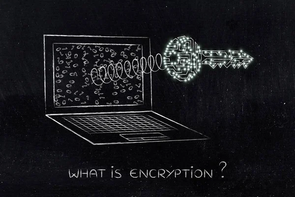 Llave del circuito en la primavera de la pantalla del ordenador portátil, cifrado y seguridad — Foto de Stock