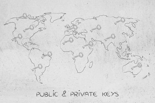 Mapa do mundo com chaves, conceito de criptografia e criptografia — Fotografia de Stock