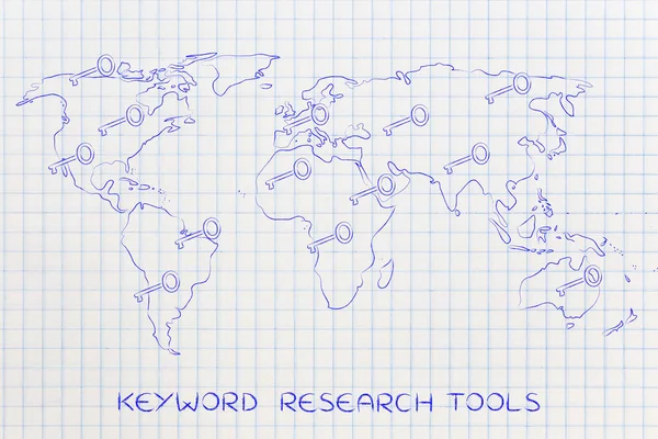 Mapa do mundo com chaves, conceito de palavras-chave de conteúdo online — Fotografia de Stock
