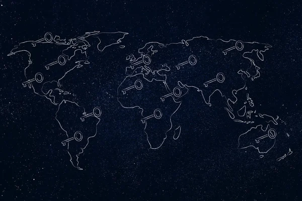 Anahtarları, parolaları ve anahtar kelimeler kavramı ile Dünya Haritası — Stok fotoğraf