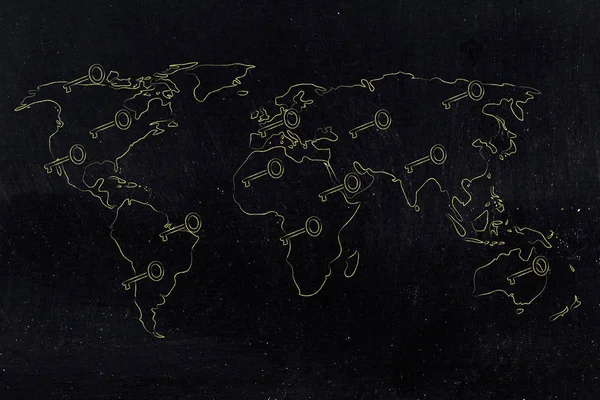 Mapa del mundo con claves, concepto de contraseñas y palabras clave —  Fotos de Stock