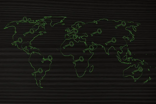 Mapa světa s klávesami, koncept hesla & klíčová slova — Stock fotografie