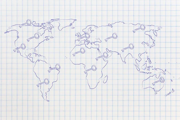 Mapa do mundo com chaves, conceito de senhas e palavras-chave — Fotografia de Stock