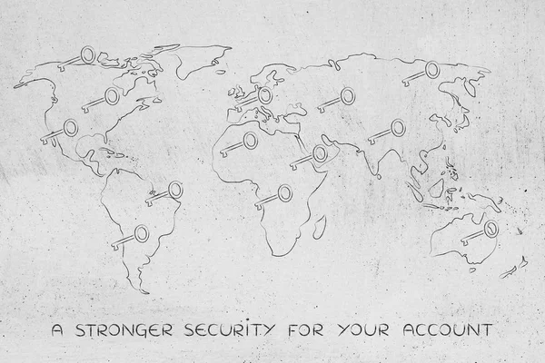 Карта світу з ключами, концепція безпеки паролів і з'єднання — стокове фото