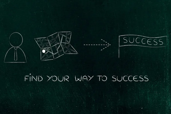 Бизнесмен рядом с картой с направлениями к успеху — стоковое фото