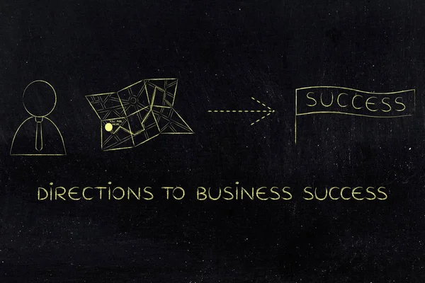 Biznes człowiek obok mapę ze wskazówkami do sukcesu — Zdjęcie stockowe