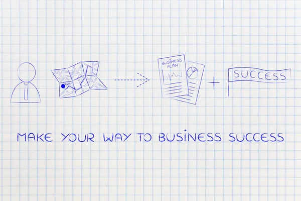 Человек рядом с картой с указаниями к успеху бизнес-плана — стоковое фото