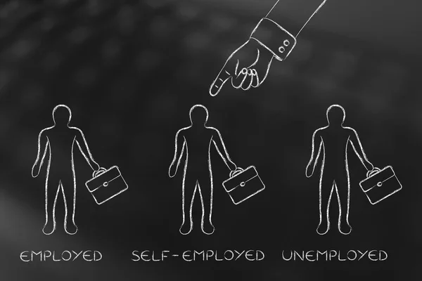 Finger menunjuk ke self-employment men among employment & unemployment — Stok Foto