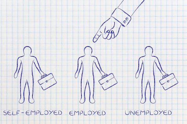 Señalando con el dedo a los hombres empleados entre los autónomos y los desempleados — Foto de Stock